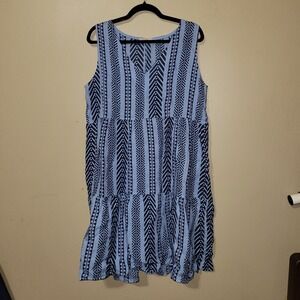 Bella Umbra Dress Womens XL  100% Linen Sleeveless V Neck Blue Print Shift